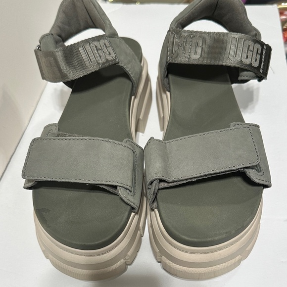 UGG ASHTON SUED GREEN LEATHER PLATFORM LOGO SANDALS, WOMEN US 9 EUR 40 - Picture 6 of 13